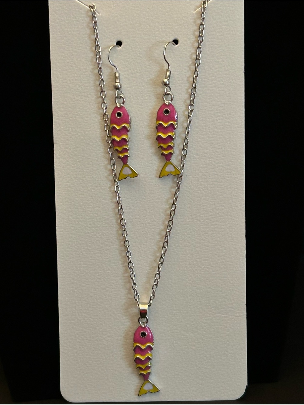 Blossom Assorted Color Enamel Fish Pendant Necklace and Pierced Earring Set NWT